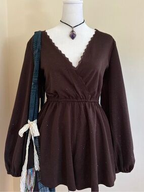 Y2K boho fairy puff sleeve brown sparkle romper vintage cottagecore whimsygoth M